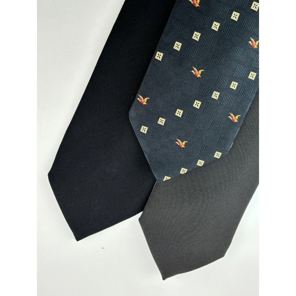 VTG LOT OF 3 Black, Charcoal, Navy Silk Ties - Italy - Solid & Duck Flying